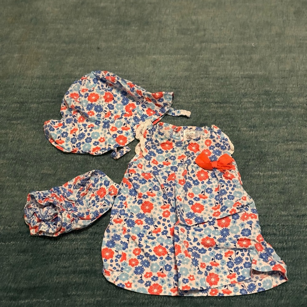 Floral Kids Dress Set with Hat and Bloomers 3 months